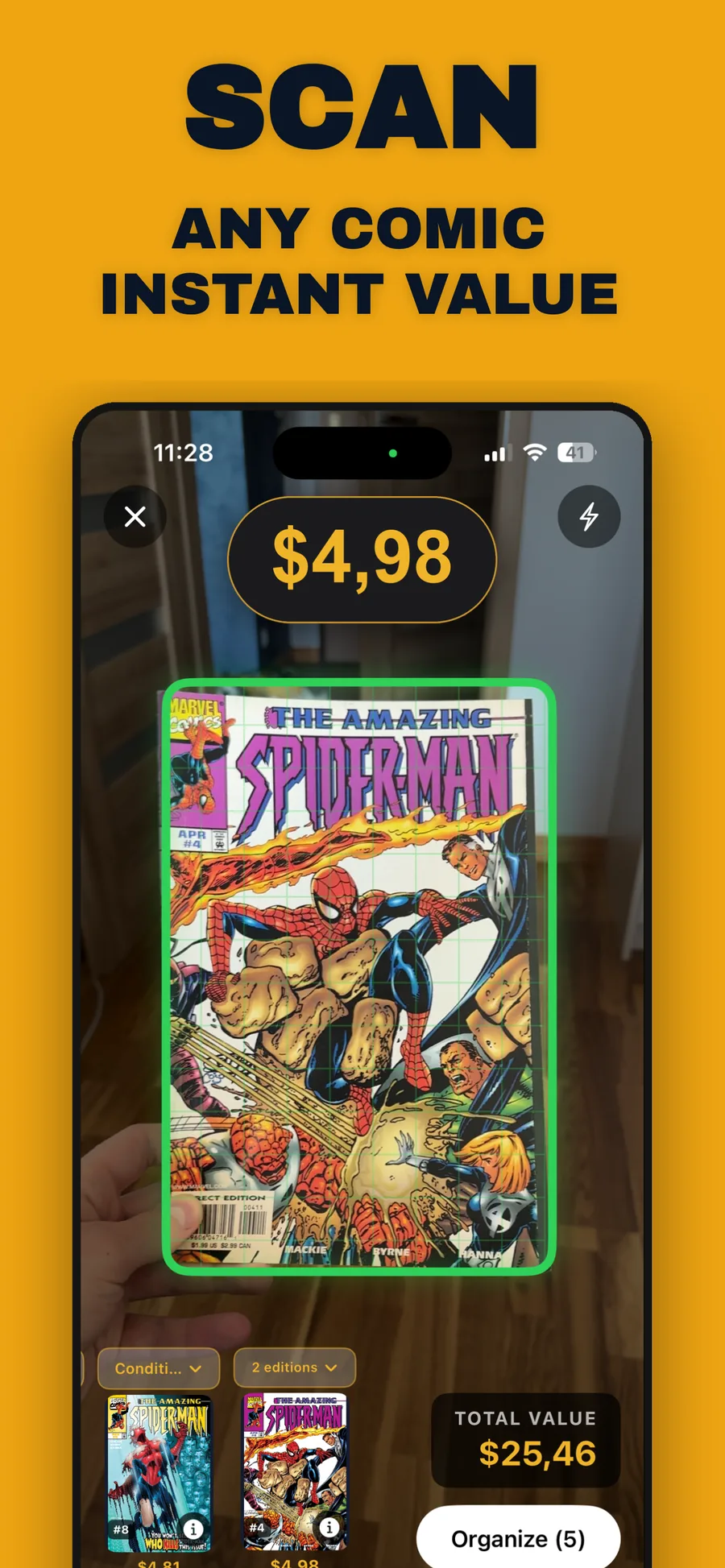 Scanning a comic cover; the value appears above it in real time.