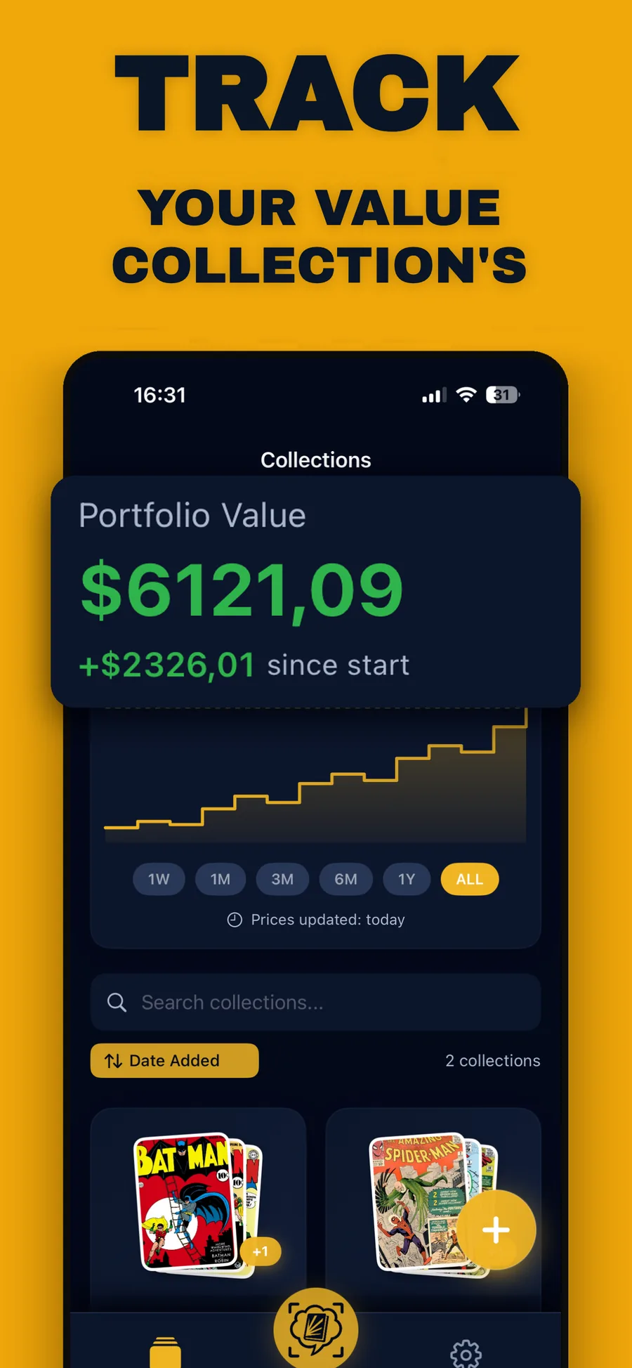 Collection screen with total portfolio value and a chart of how it changed.