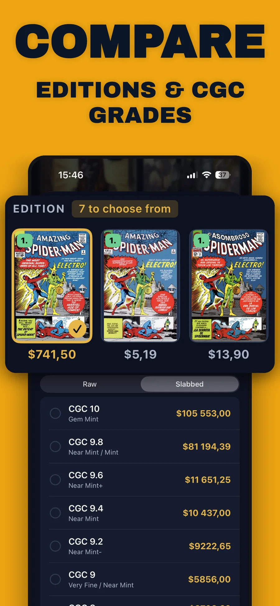 Editions of one issue side by side, each with its own price, above the CGC grade ladder.