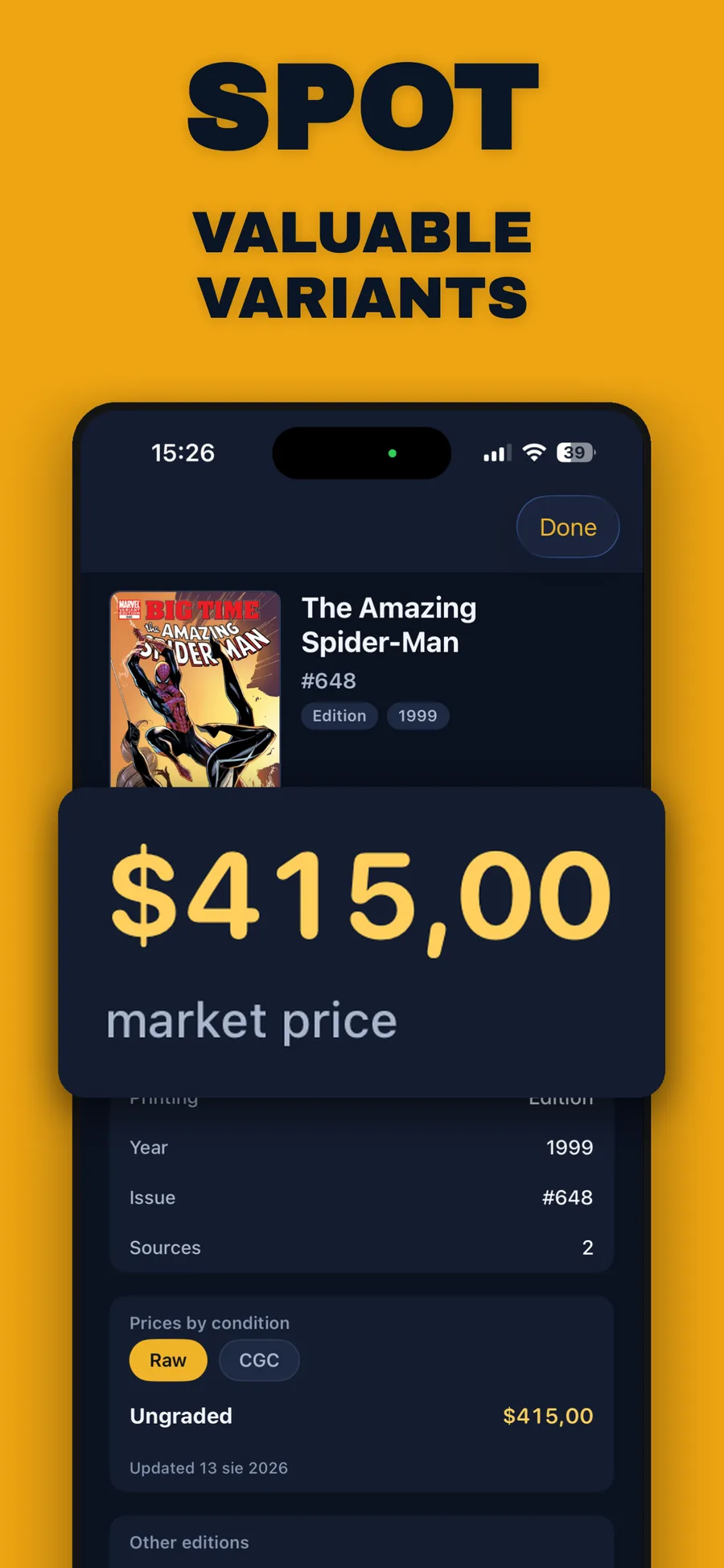 Issue detail showing market price, year, issue number and prices by condition.