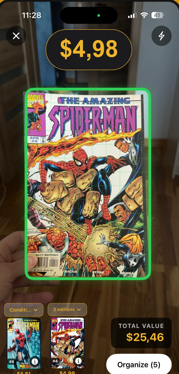 ComicFrame recognising a comic cover, with its value shown above the book.